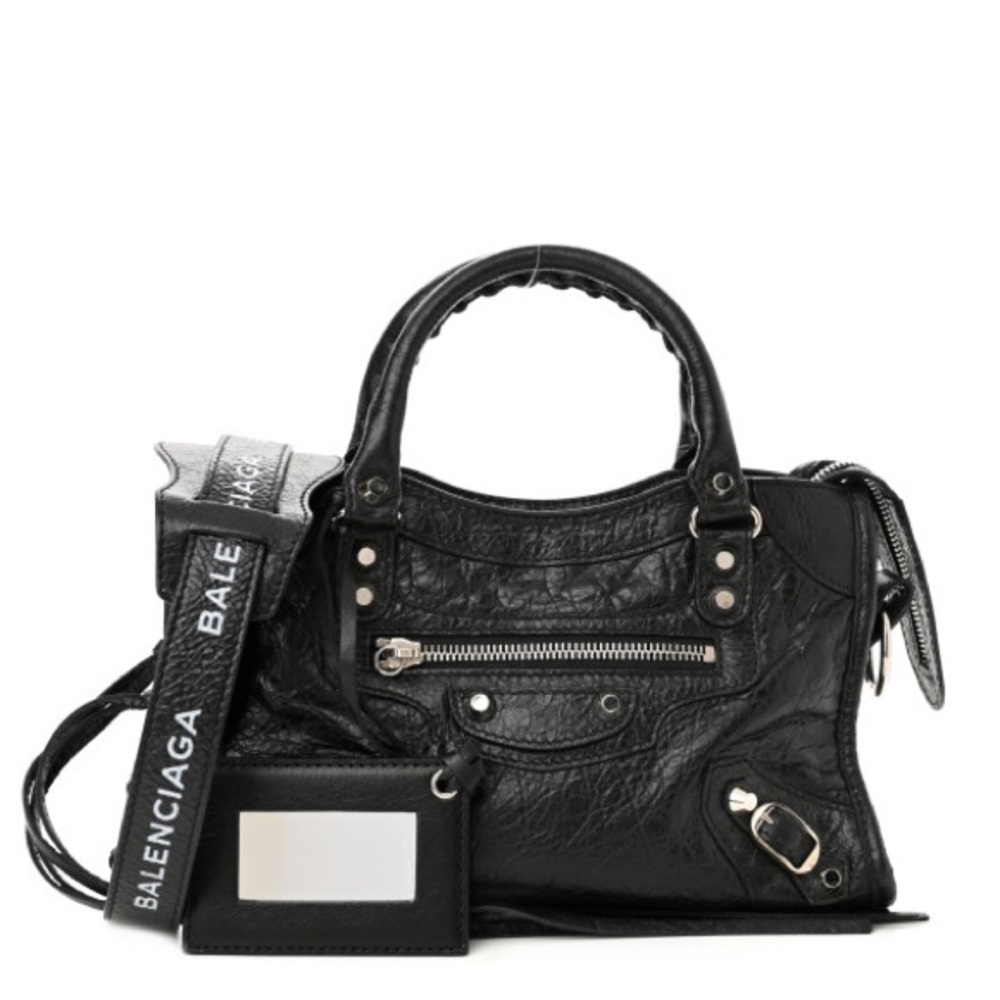 BALENCIAGA Agneau Classic Silver Hardware Mini City Logo Strap Bag